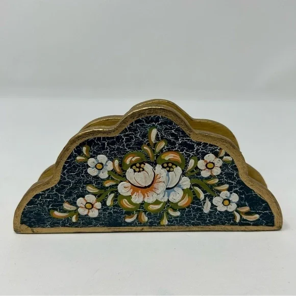 Vintage Blue Wood Napkin Hand Painted White Flowers Double Sided Gold Tone - Picture 8 of 8